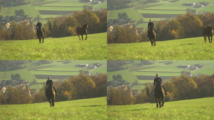 慢镜头:欢快的女人骑着马在草地上俯瞰山谷