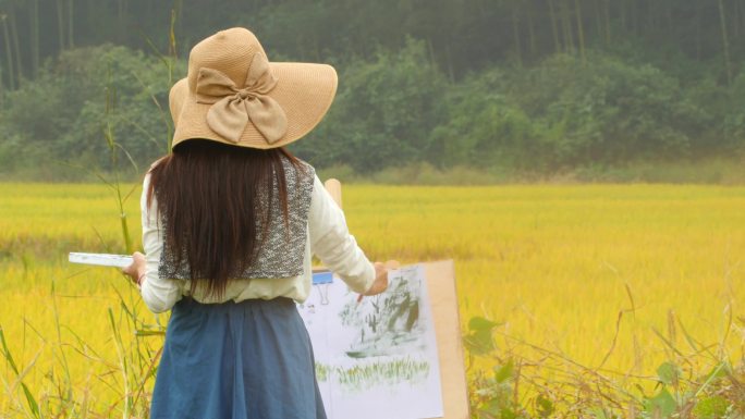 少女在油菜地速写背影