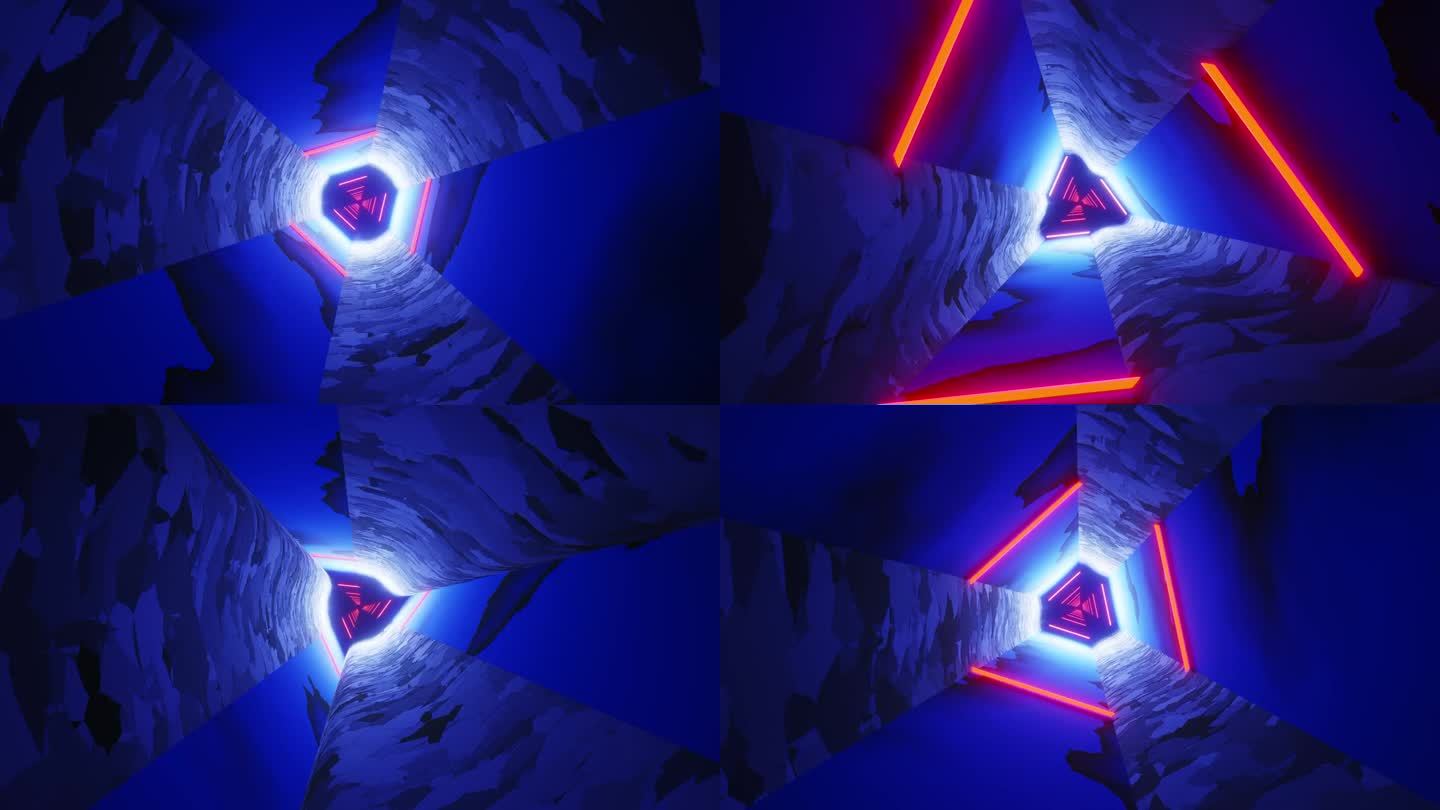 抽象的三角形隧道，用红色的霓虹灯三角形。循环动画