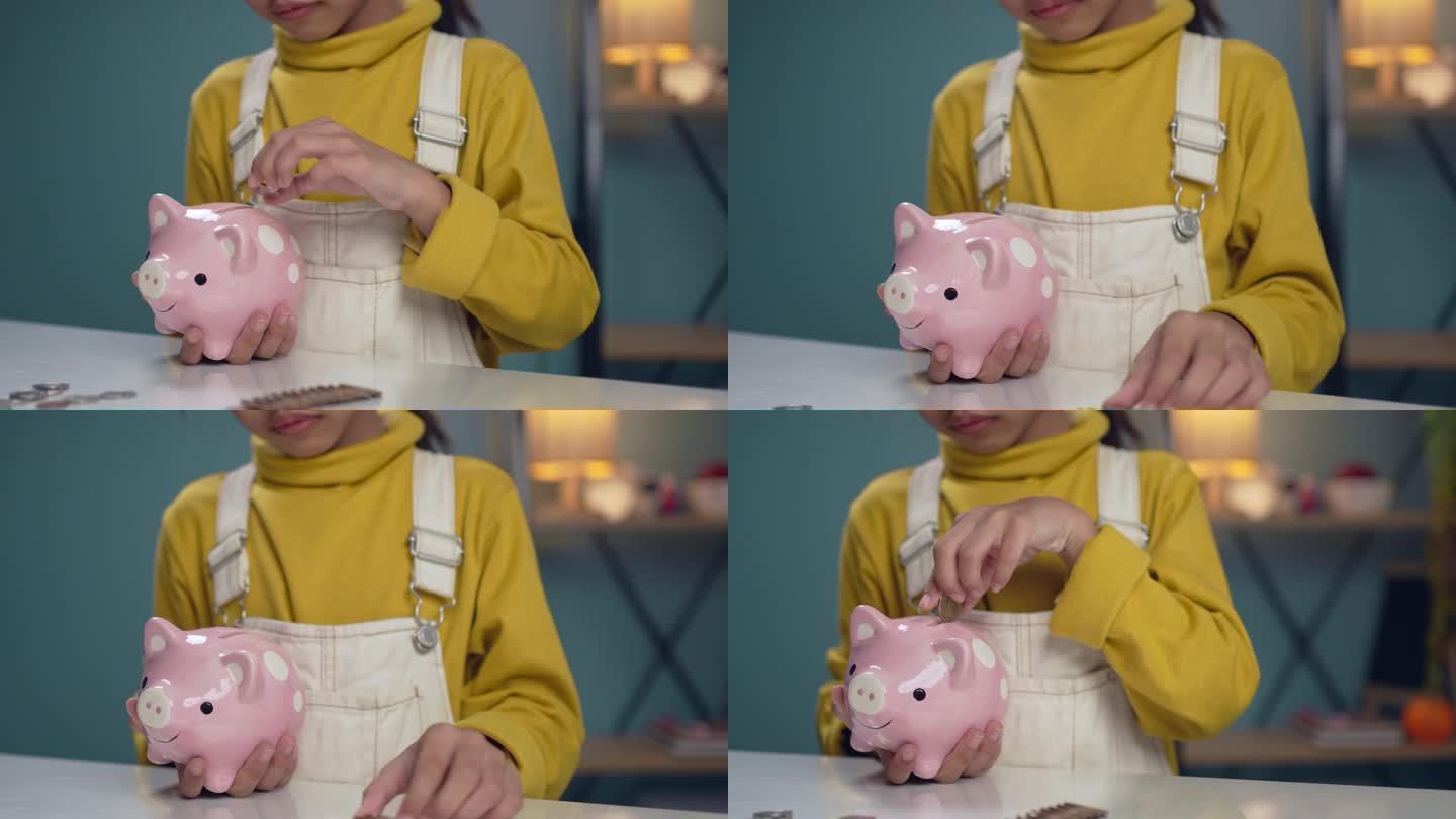一个小女孩把存钱罐扔在地上攒钱