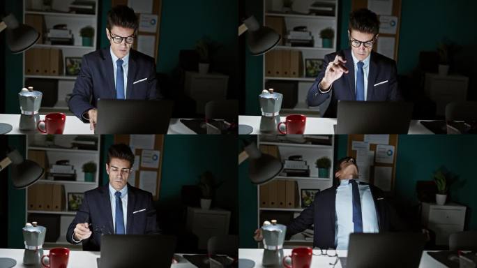 年轻的西班牙裔商业工作者摘下眼镜，在办公室里伸懒腰