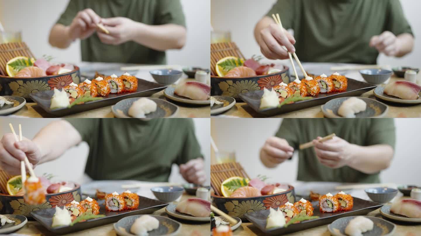 在日本餐厅的午餐时间，一个身材魁梧的男人给他的同事一个加利福尼亚maki卷的中镜头