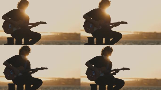 在明亮的夕阳下，一个年轻人在城市的堤岸上弹吉他