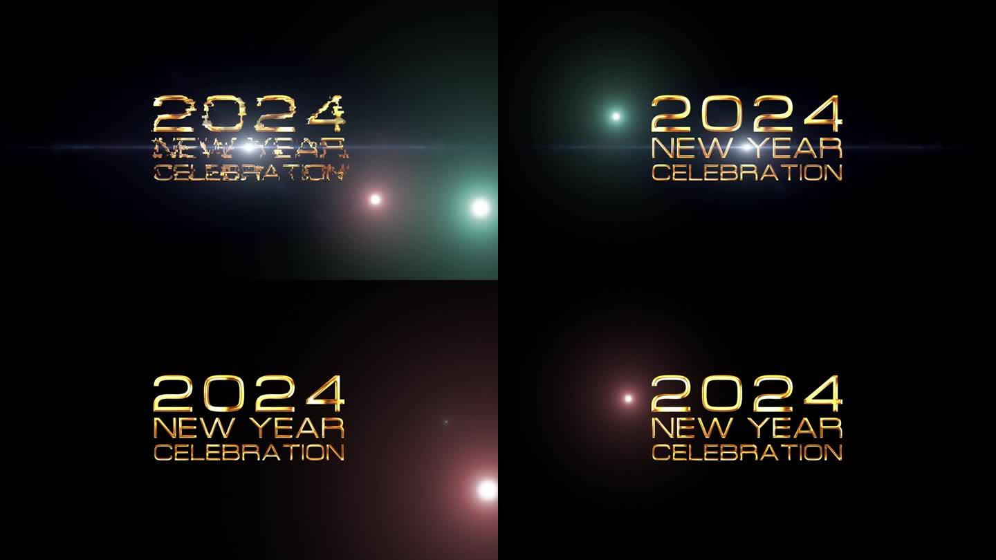 2024新年快乐庆祝金色文字与光运动和耀光电影标题动画黑色抽象背景，
