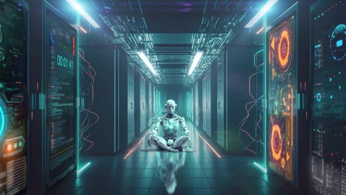 服务器室长长的未来走廊。视频中央部分的安卓Ai
