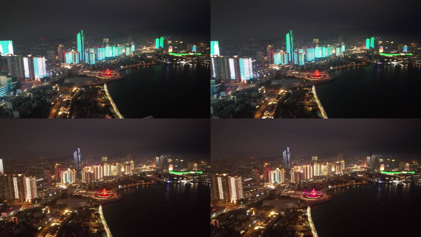 山东青岛浮山湾城市天际线夜景风光航拍