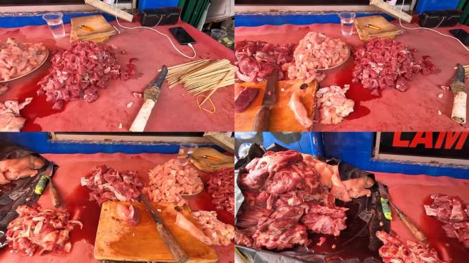 在印度尼西亚的雅加达，切碎的鸡肉和山羊肉正在准备用串做安全的亚亚姆和安全的kambing。