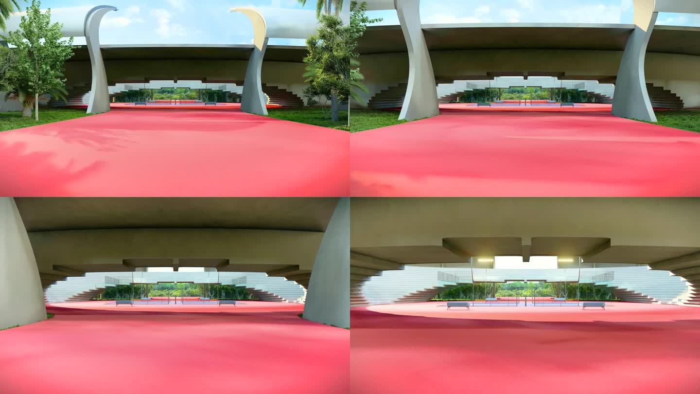 3d渲染动画视频进入一个被大自然包围的体育场