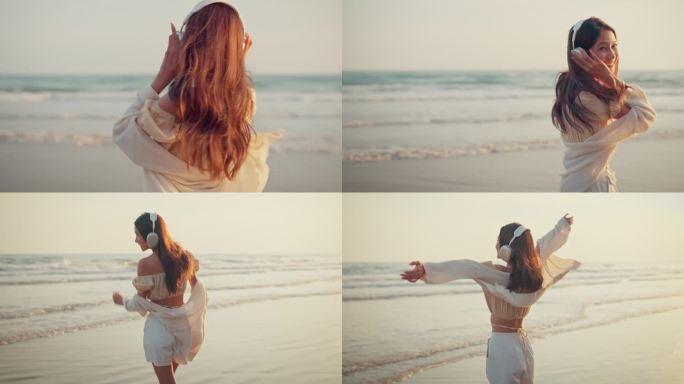 放松的亚洲女人戴着耳机走在海边的金色日落-女游客听音乐在暑假