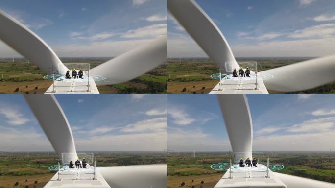 组三名工程师在某风力机顶部检查风力机工况并绘制风力机图纸。