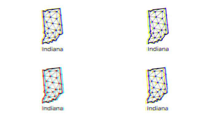 印第安纳州地图动画在多边形风格与故障效果，4k分辨率视频，美国各州运动图形