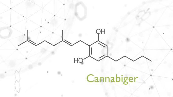 大麻酚或CBG分子结构化学式。未来科学背景。药理学的概念