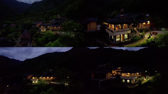 航拍山间民宿木屋乡村民宿夜景