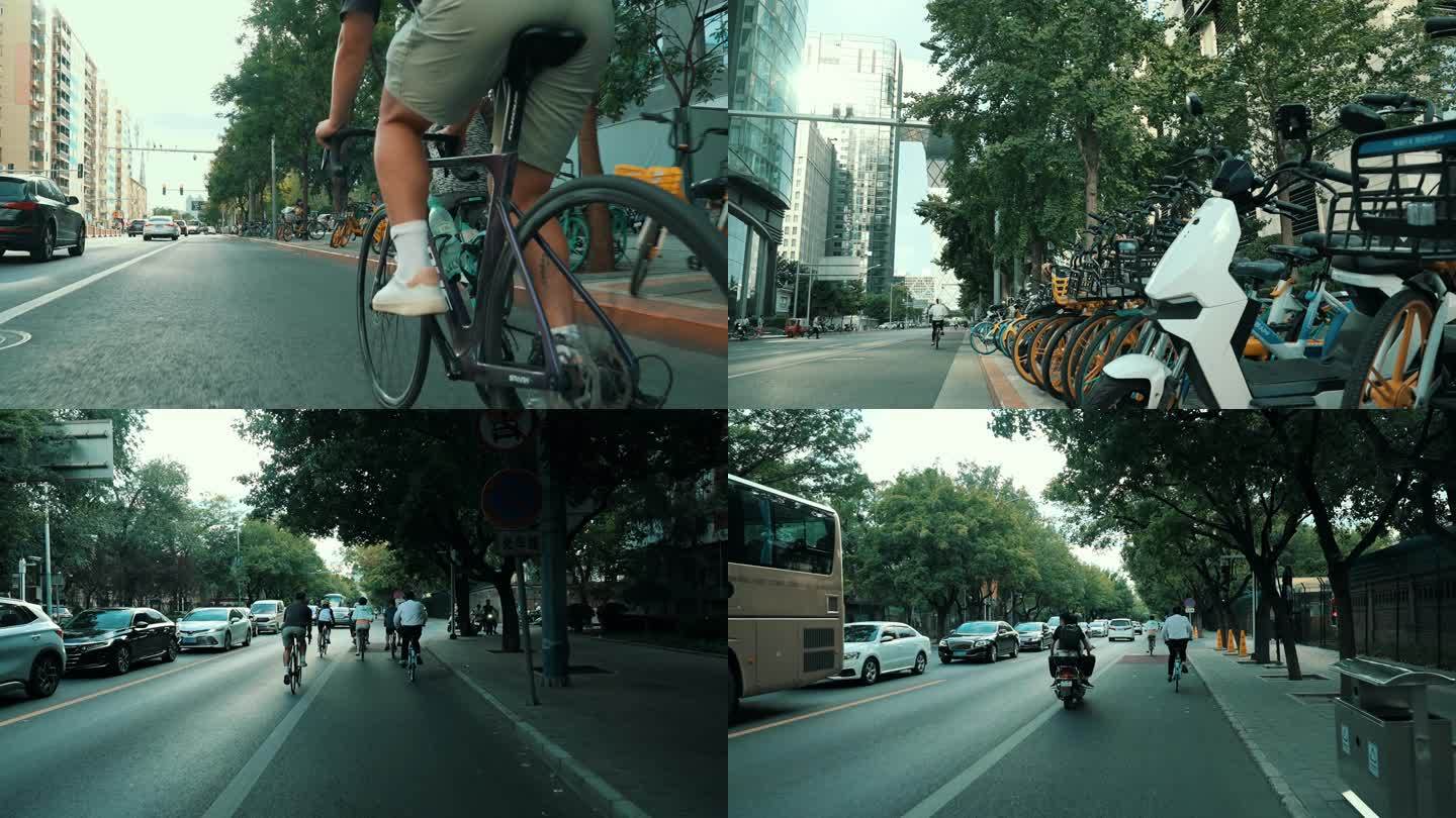 北京城市骑行跟拍国贸红绿灯脚部特写