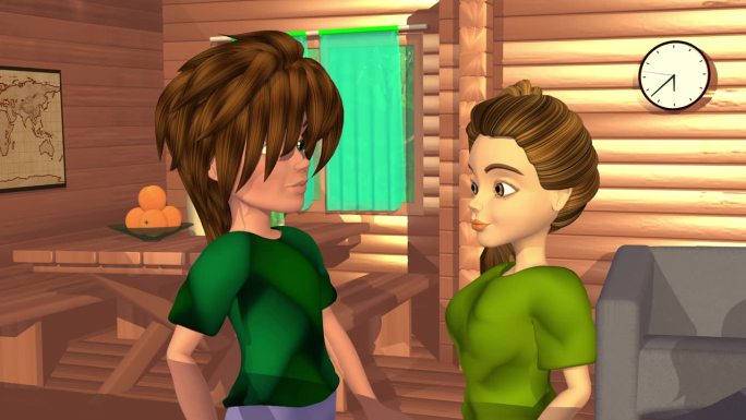 3d动画，两个卡通人物在木屋里说话或交谈
