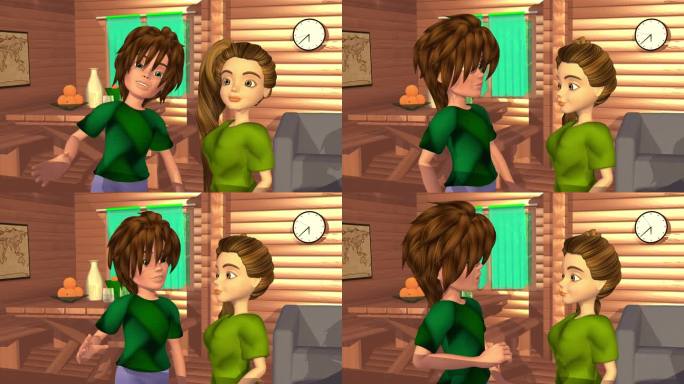 3d动画，两个卡通人物在木屋里说话或交谈