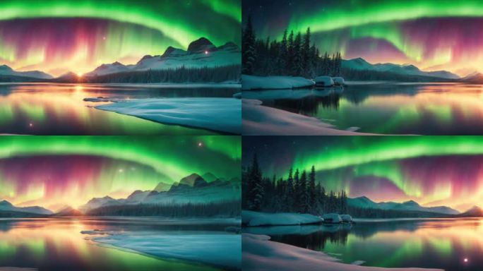 6K宽屏北极光风景画背景夜空循环