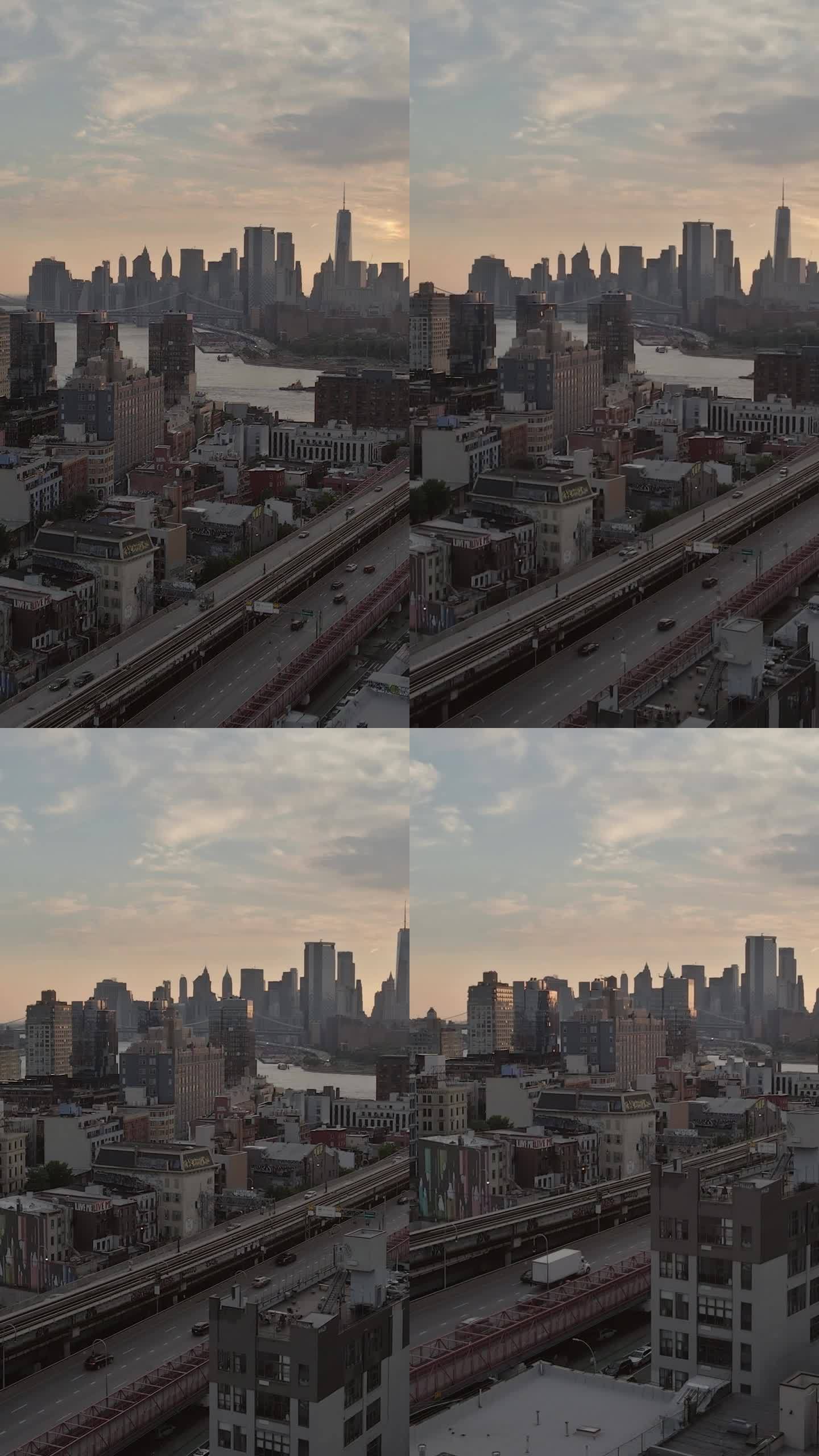 日落时分，威廉斯堡大桥横跨东河，可以看到曼哈顿的全景