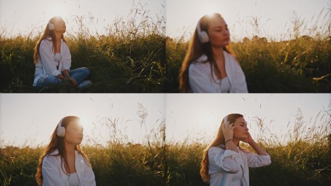 日落时分，女子在草地上欣赏音乐