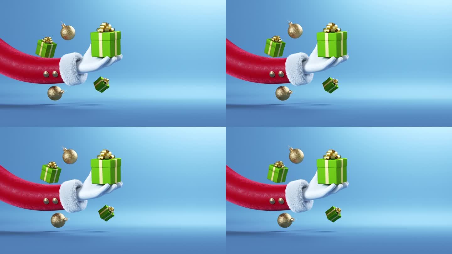 3d动画，滑稽的卡通圣诞老人手从左边出现，拿着包装好的礼盒。圣诞动画贺卡
