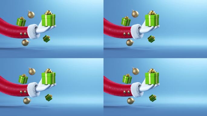 3d动画，滑稽的卡通圣诞老人手从左边出现，拿着包装好的礼盒。圣诞动画贺卡