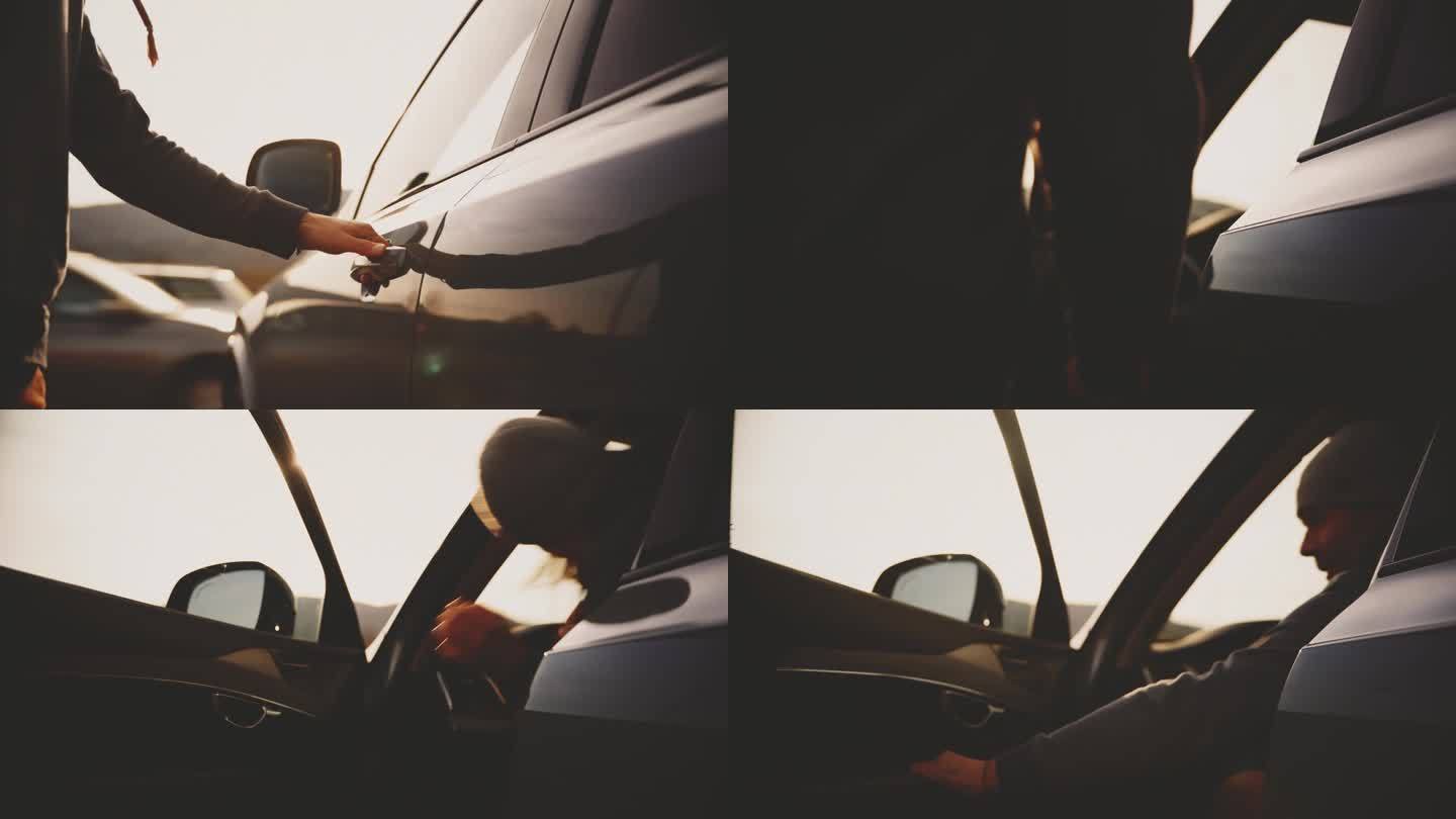 慢镜头特写，男子打开车门，进入停着的汽车