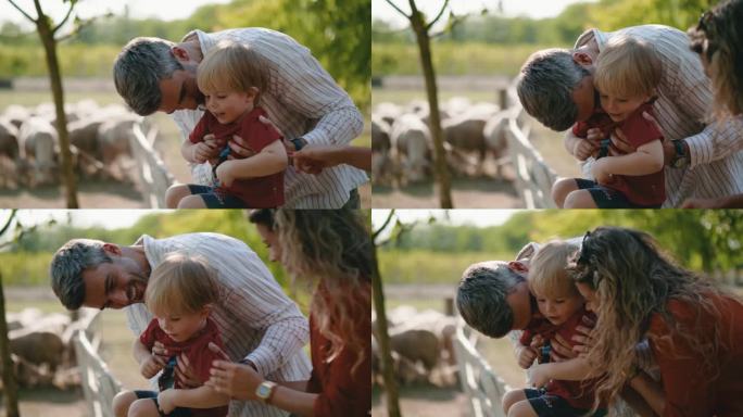 暑假参观牧羊场时，爸爸和妈妈拥抱并亲吻在一起玩耍的小儿子