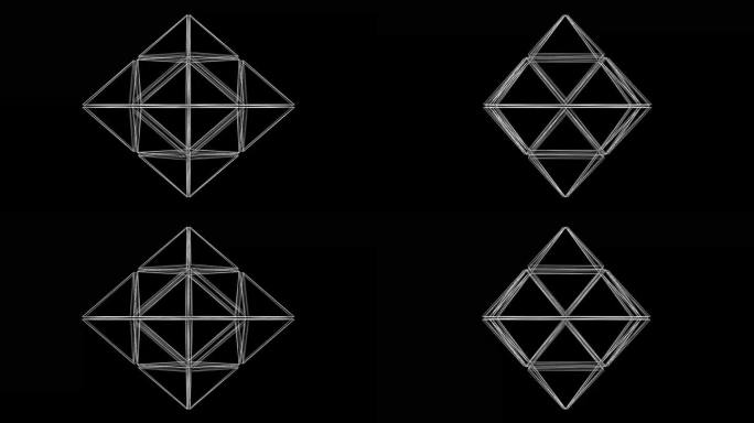 旋转三维线框八面体运动图形与纯黑色背景
