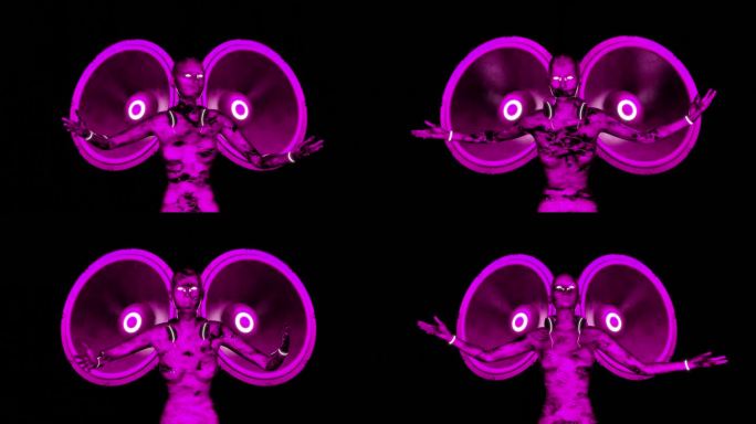 背景黑色和声波动画扬声器和动画紫色的女性闪闪发光的眼睛dj使响亮的声音音乐循环-库存视频库存视频