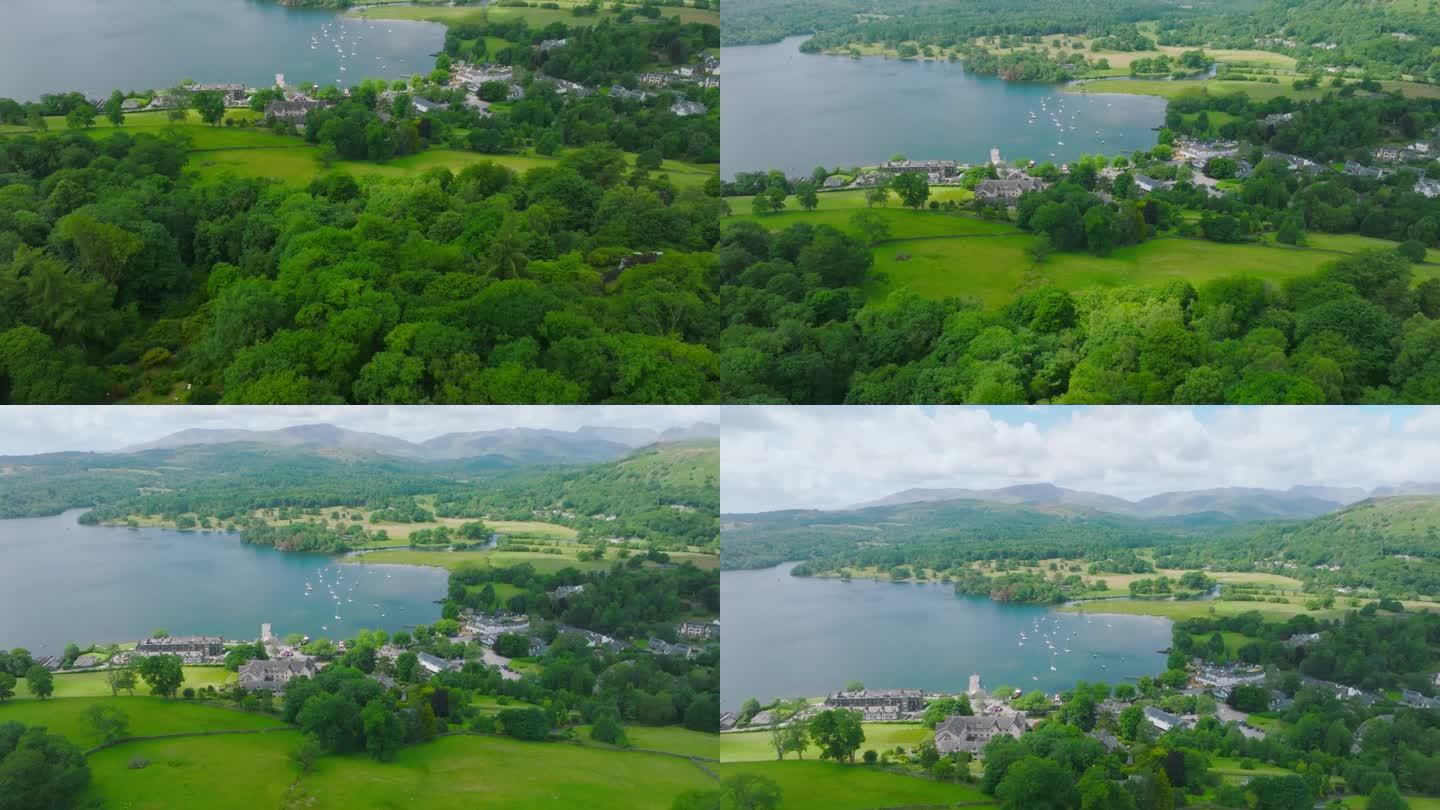 鸟瞰图Waterhead和Ambleside在湖区，一个地区和国家公园在坎布里亚郡在英格兰西北部