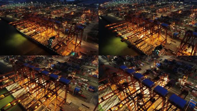北部湾港钦州港区集装箱码头夜景航拍