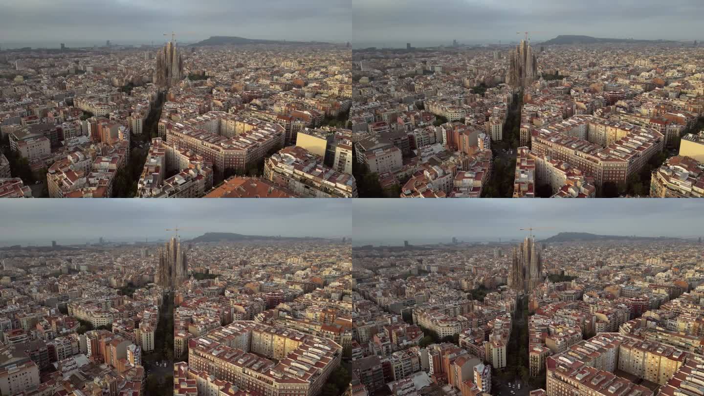从各个角度鸟瞰圣家堂塔楼，加泰罗尼亚的街道以及高层和低层建筑的天际线。