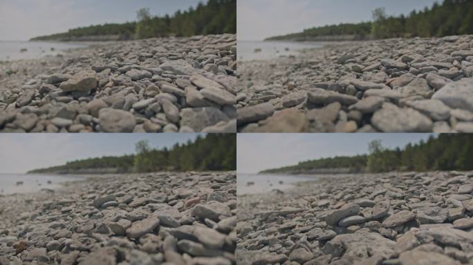 卵石滩。在阳光明媚的日子里，低角度平滑的相机运动在浅灰色的鹅卵石上。在爱沙尼亚的北欧海岸线拍摄。环境