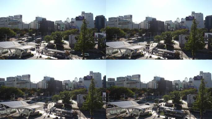 直屋，日本:鸟瞰堺站和久屋气味公园。延时拍摄。