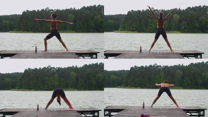在湖边运动的女人。在海边的木码头上做瑜伽伸展运动