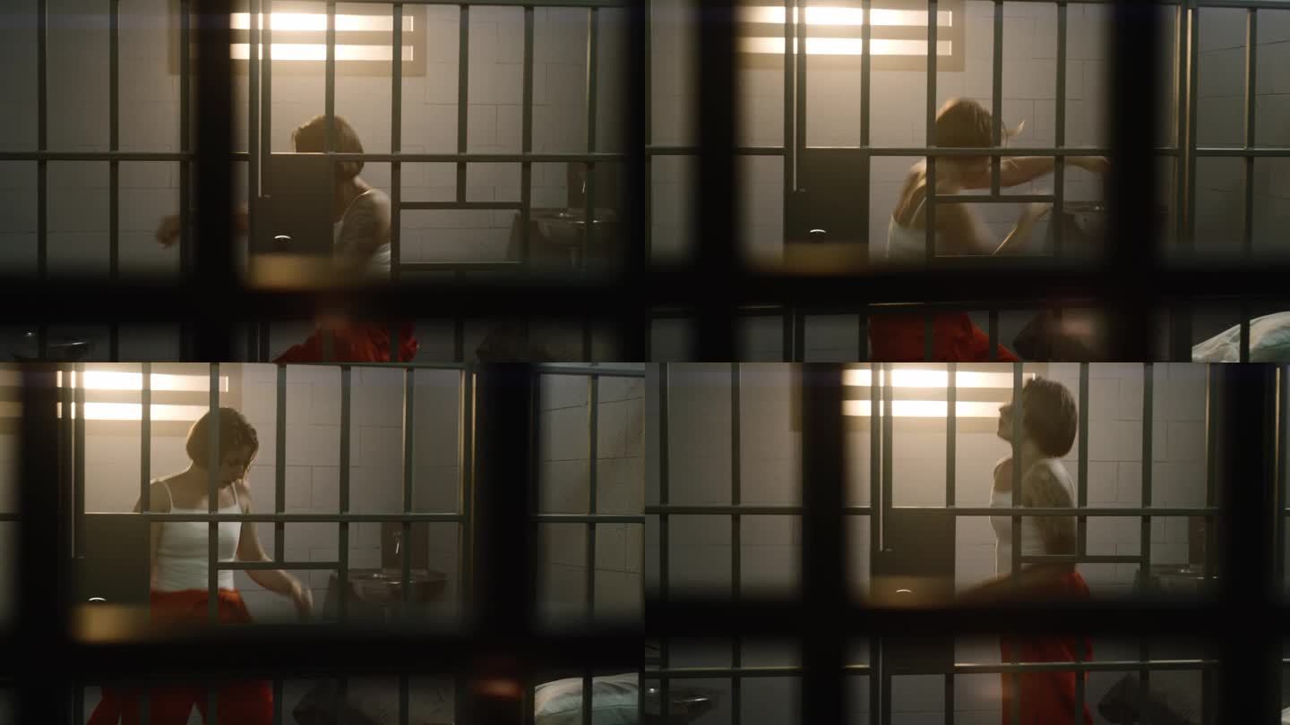 囚室里穿着橙色制服的女囚犯在拳击