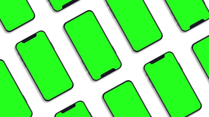 白色背景绿屏手机图案(平铺)。一组垂直移动的智能手机。品牌识别，商业细胞广告和社会职位