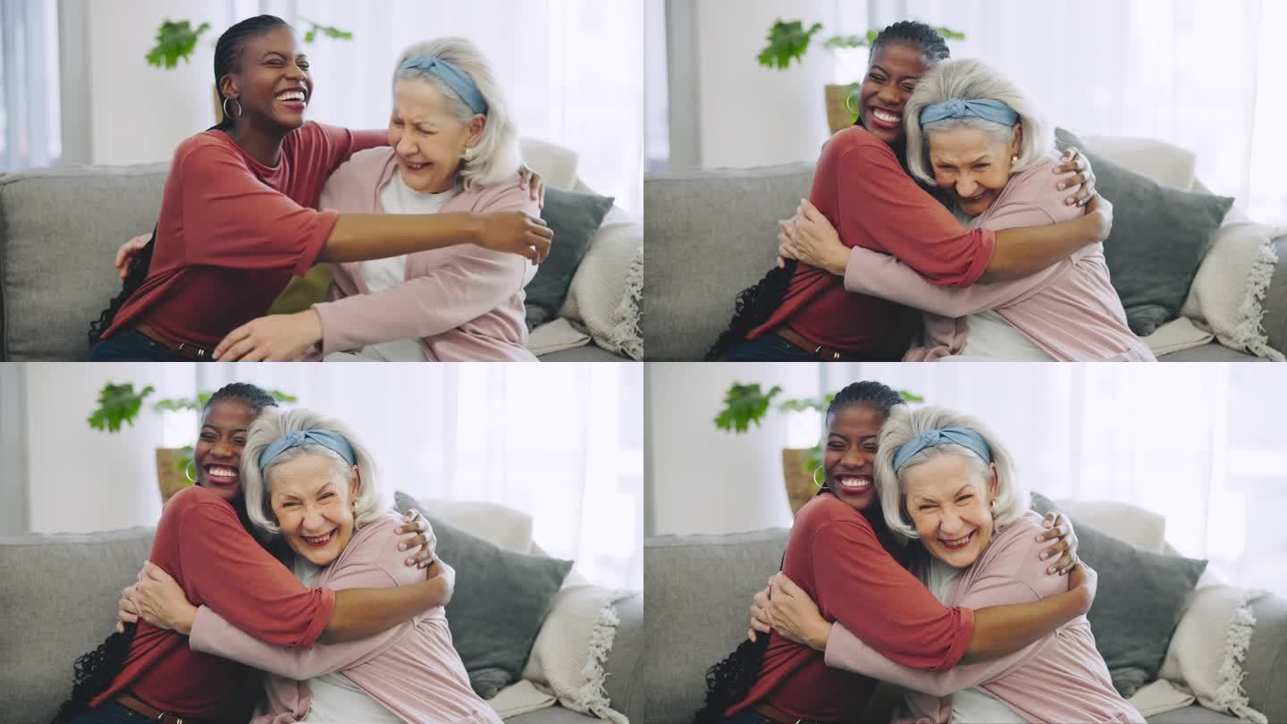 老年妇女、护理人员在养老院、家里或客厅里，在沙发上充满爱地拥抱，或在脸上露出幸福的表情，并给予支持。