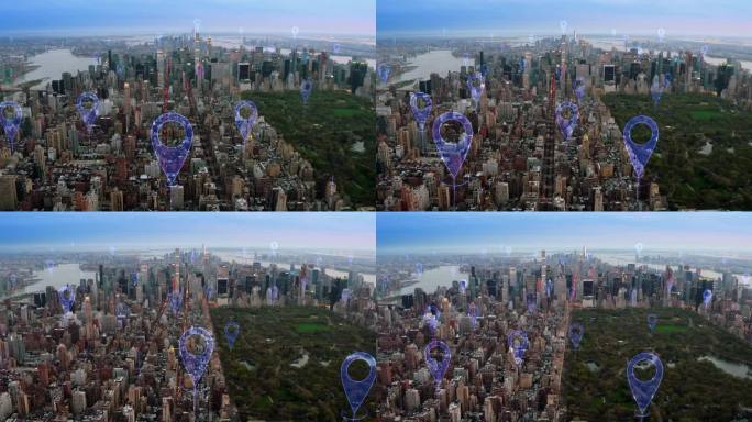 空中智慧城市。连接未来城市的本地化图标。技术理念、数据通信、人工智能、物联网。纽约的天际线。