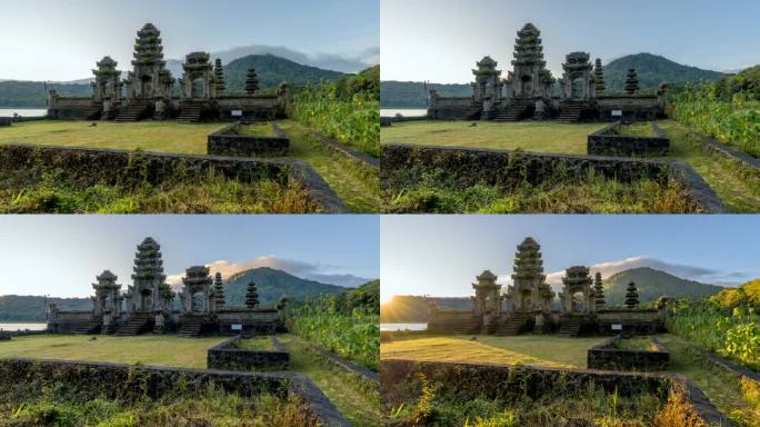 Pura Ulun Danu Tamblingan湖寺庙的延时日出场景，印度尼西亚巴厘岛