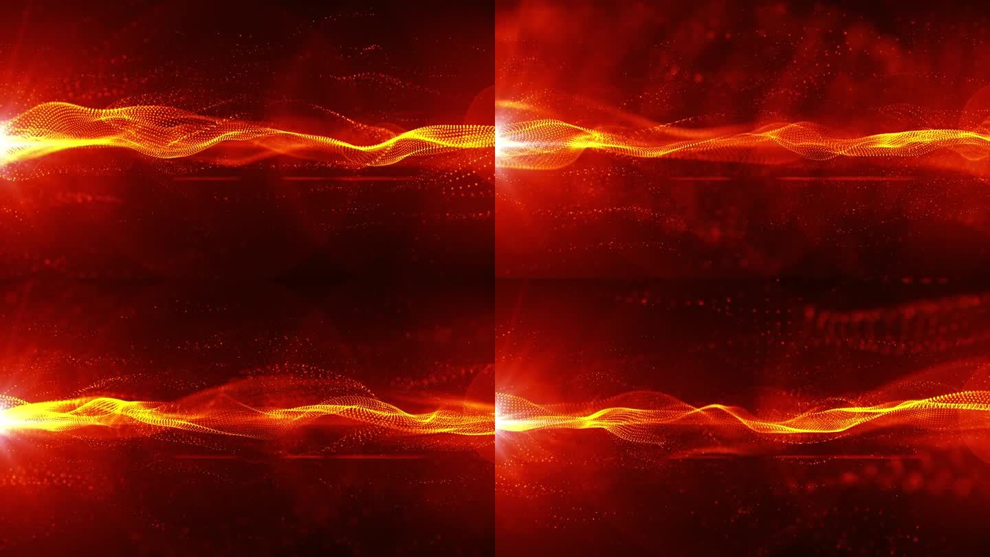 流畅的火红溪流在黑色的背景上缓缓流淌，带有复制空间。柔和的火焰波浪在水平运动。动画，抽象插图，无缝循