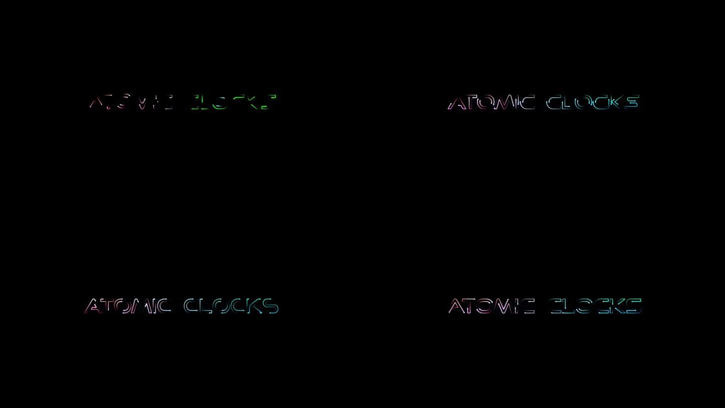 原子钟发光彩色霓虹激光文本故障效果动画电影标题黑色抽象背景。