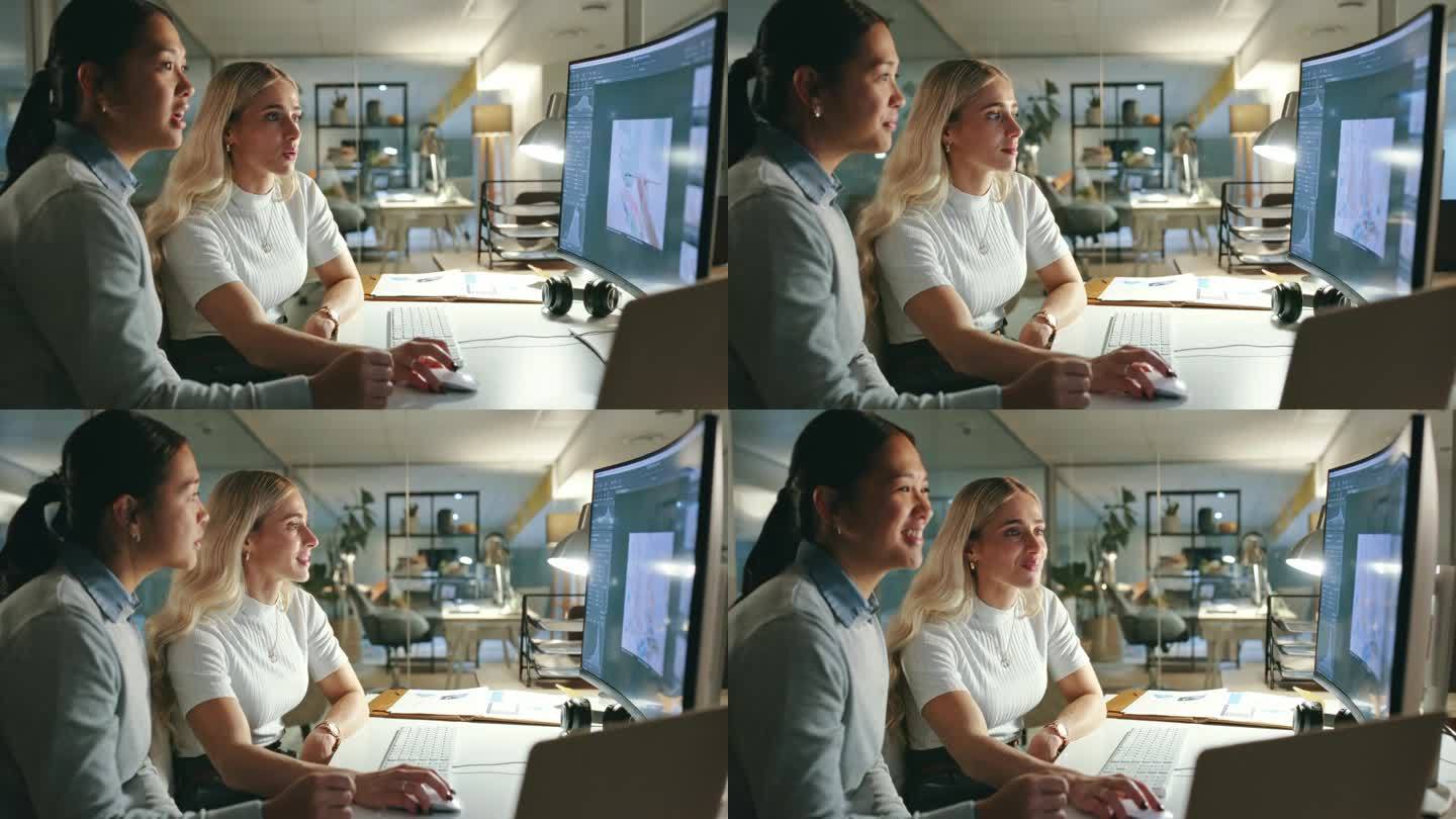 网页设计，电脑和一群女人在办公室里晚上做一个截止日期的项目。技术，加班和编程开发人员在工作场所的桌面