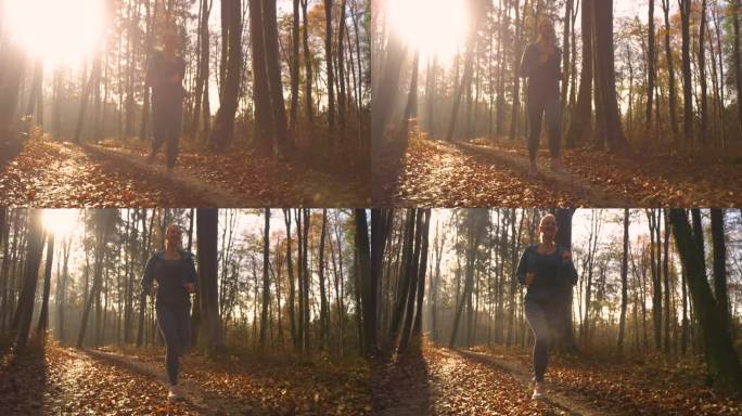 镜头光晕，肖像欢快的女士在金色的阳光下慢跑穿过秋天的森林