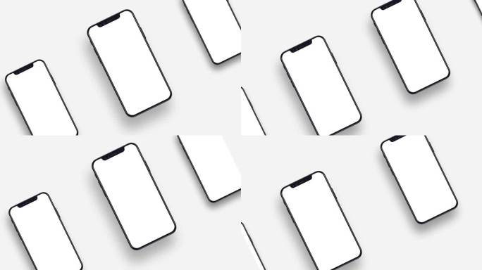 白色背景上的手机空白图案模型。白屏幕智能手机对角线移动。平面设计，UI设计，品牌识别，手机广告视频
