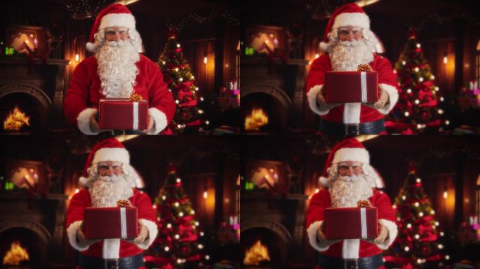 快乐的圣诞老人站在装饰精美的房间里，递上包装精美的红色礼物。圣诞老人给孩子们送礼物。圣诞节和新年寒假