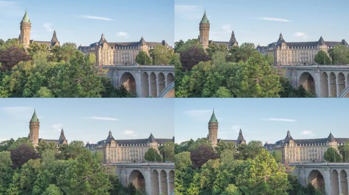 卢森堡大公国4K延时拍摄，阿道夫桥的城市天际线延时拍摄
