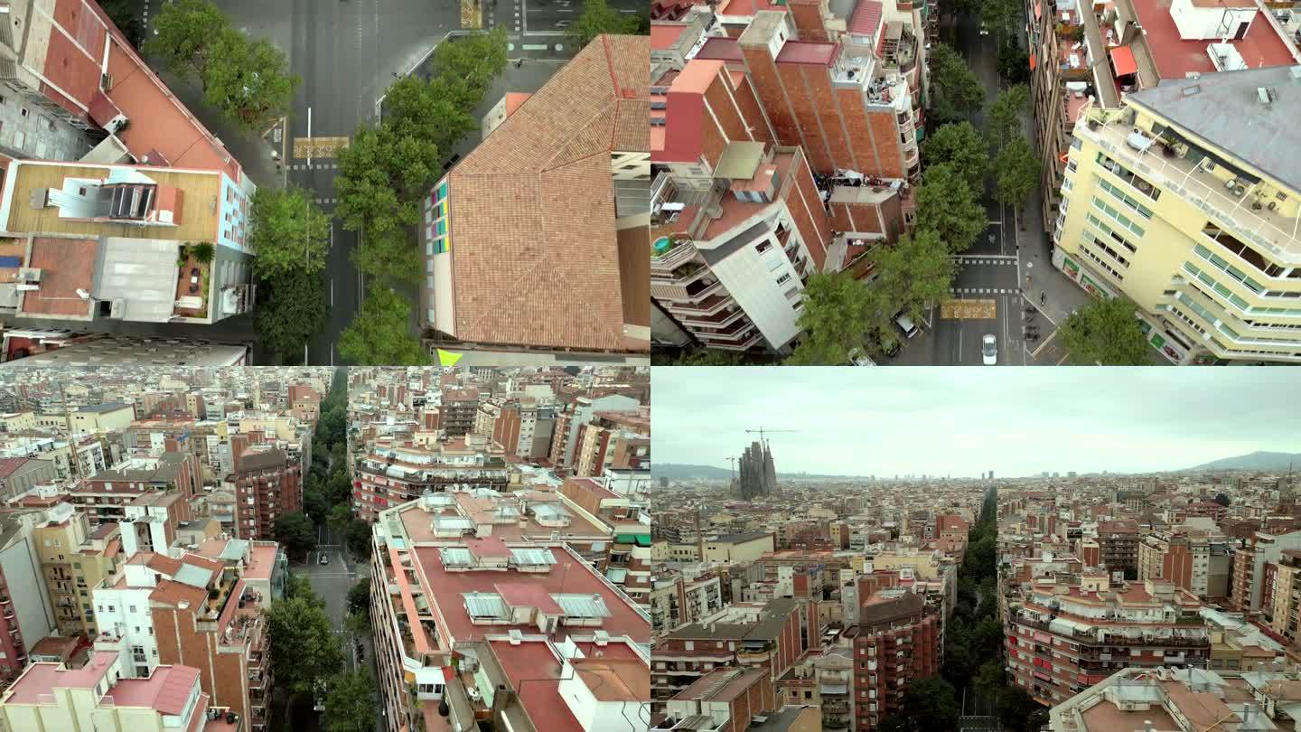 航拍巴塞罗那天际线与道路之间的建筑和机动车在道路上运行的电影镜头。