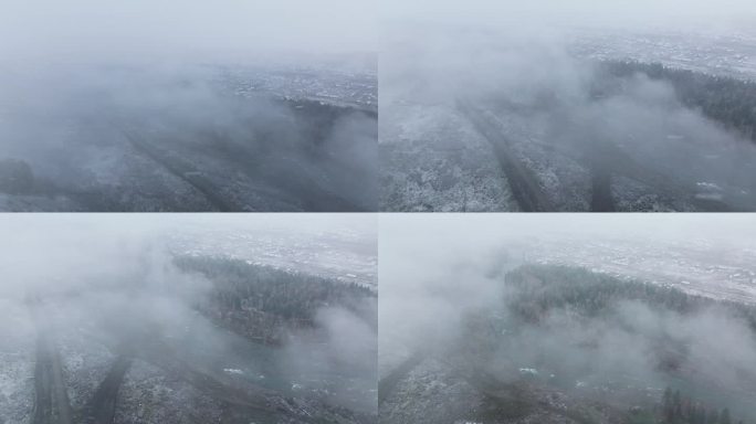 航拍大雪纷飞的新疆禾木村