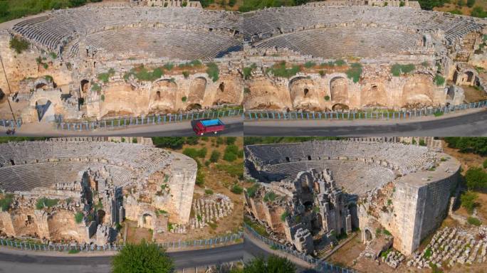 在这段迷人的航拍视频中，佩尔热古城的遗迹映入眼帘，在历史遗迹中展示了一个令人惊叹的圆形剧场。这个圆形